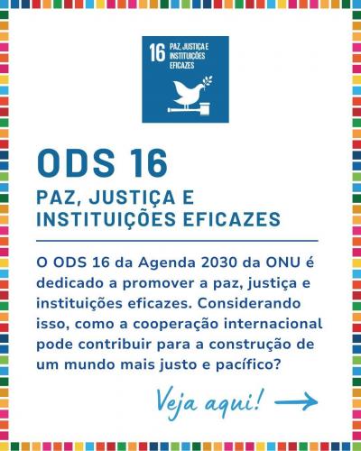 Brasil fortalece o ODS 16 e construi um futuro mais justo e inclusivo!  Já imaginou um mundo com mais paz, justiça e instituições fortes? Esse é o objetivo do ODS 16 da Agenda 2030 da ONU, e o Brasil está fazendo a diferença! Por meio da #CoooperaçãoInternacional, o país tem trabalhado para fortalecer seu sistema judiciário, promover direitos humanos, capacitar militares para operações de paz e impulsionar ações que buscam a inclusão de mulheres e idosos na sociedade.  O Brasil se destaca em várias iniciati