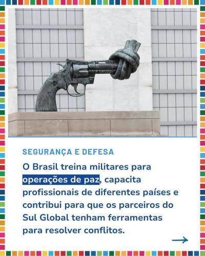 Brasil fortalece o ODS 16 e construi um futuro mais justo e inclusivo!  Já imaginou um mundo com mais paz, justiça e instituições fortes? Esse é o objetivo do ODS 16 da Agenda 2030 da ONU, e o Brasil está fazendo a diferença! Por meio da #CoooperaçãoInternacional, o país tem trabalhado para fortalecer seu sistema judiciário, promover direitos humanos, capacitar militares para operações de paz e impulsionar ações que buscam a inclusão de mulheres e idosos na sociedade.  O Brasil se destaca em várias iniciati